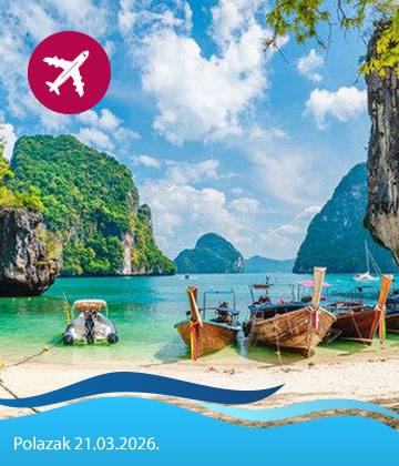 Putovanje na Tajland je savršena prilika za istraživanje zemlje hramova, egzotičnih plaža i ukusne hrane. Otkrijte Bangkok, modernu prijestolnicu Azije, gdje se nalaze Grand Palace i najstarija zlatna statua Bude. Uživajte u vožnji tuk tukom kroz gradske ulice i ne propustite noćne markete sa egzotičnim voćem i tradicionalnim tajlandskim jelima poput jednog od najpoznatijih kakav je pad thai. Phuket je poznat po svojim najljepšim plažama kao što su Patong Beach i Kata Beach, savršene za ronjenje i surfanje. Noćni život na Puketu je neponovljiv, s brojnim klubovima i živopisnom kulturom.